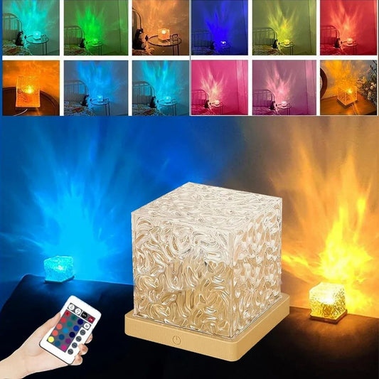 The LED 3D Ocean Wave Projector Night Lamp casts colorful water ripple and northern lights effects in green, red, blue, and purple. A hand controls the lamp with a remote; smaller images display its vibrant lighting modes.