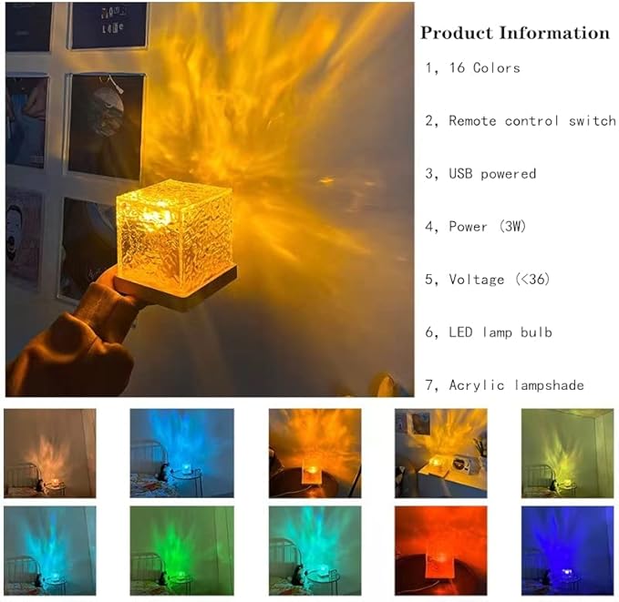 A hand holds the Aurora Glow Lamp Crystal Night Light, a cube-shaped LED Wave Light perfect for room decor. The product images display vibrant red, blue, green, and yellow waves—ideal as a romantic lamp or kids’ room accent.