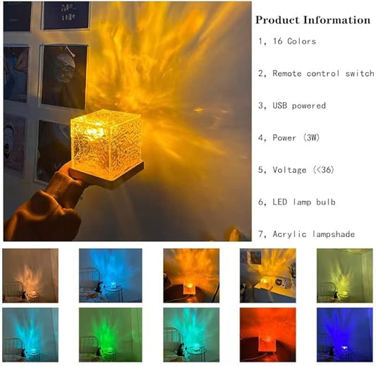 A hand holds the Aurora Glow Lamp Crystal Night Light, a cube-shaped LED Wave Light perfect for room decor. The product images display vibrant red, blue, green, and yellow waves—ideal as a romantic lamp or kids’ room accent.