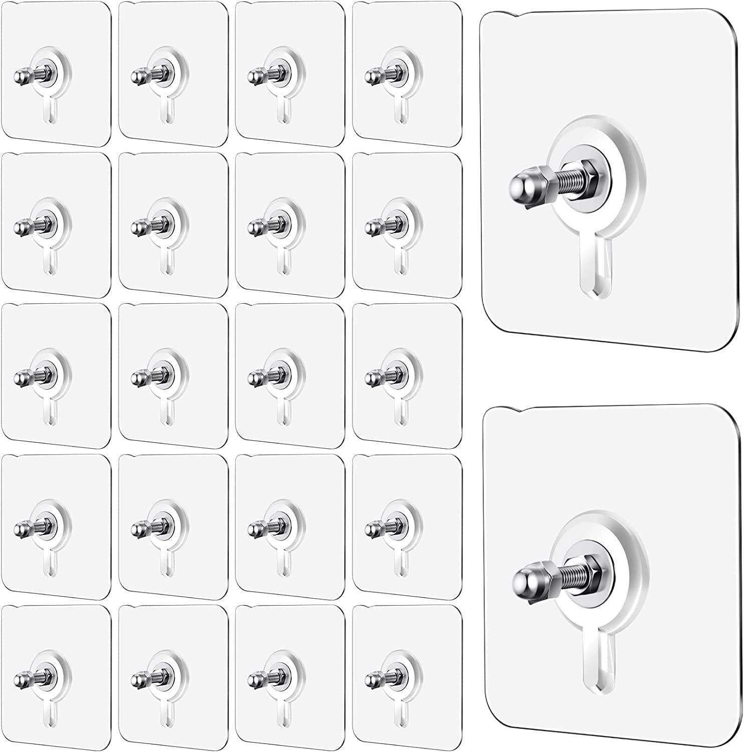 A set of 10 Wall Mount Screw Hooks for kitchen, bathroom, bedroom, and living room use with silver pegs, displayed in a grid pattern on a white background.
