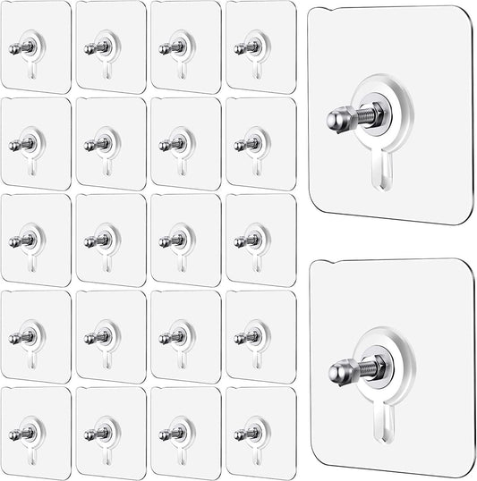 A set of 10 Wall Mount Screw Hooks for kitchen, bathroom, bedroom, and living room use with silver pegs, displayed in a grid pattern on a white background.
