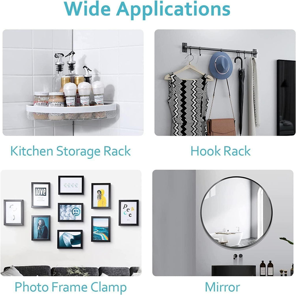 A graphic displays four uses for Wall Mount Screw Hooks (10 Pcs): organizing kitchen bottles, hanging bags and hats, displaying photo frames, and mounting a mirror above a sink in various rooms.