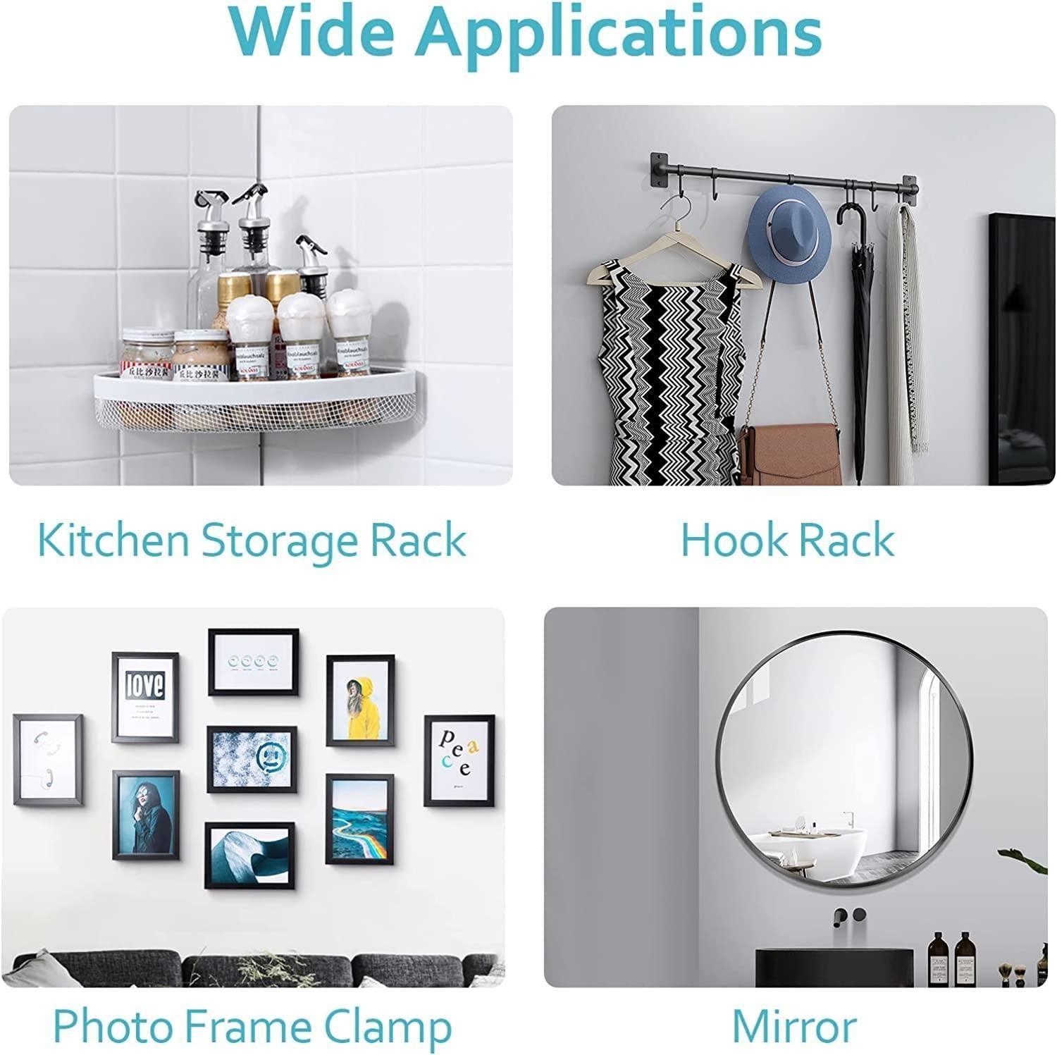 A graphic displays four uses for Wall Mount Screw Hooks (10 Pcs): organizing kitchen bottles, hanging bags and hats, displaying photo frames, and mounting a mirror above a sink in various rooms.