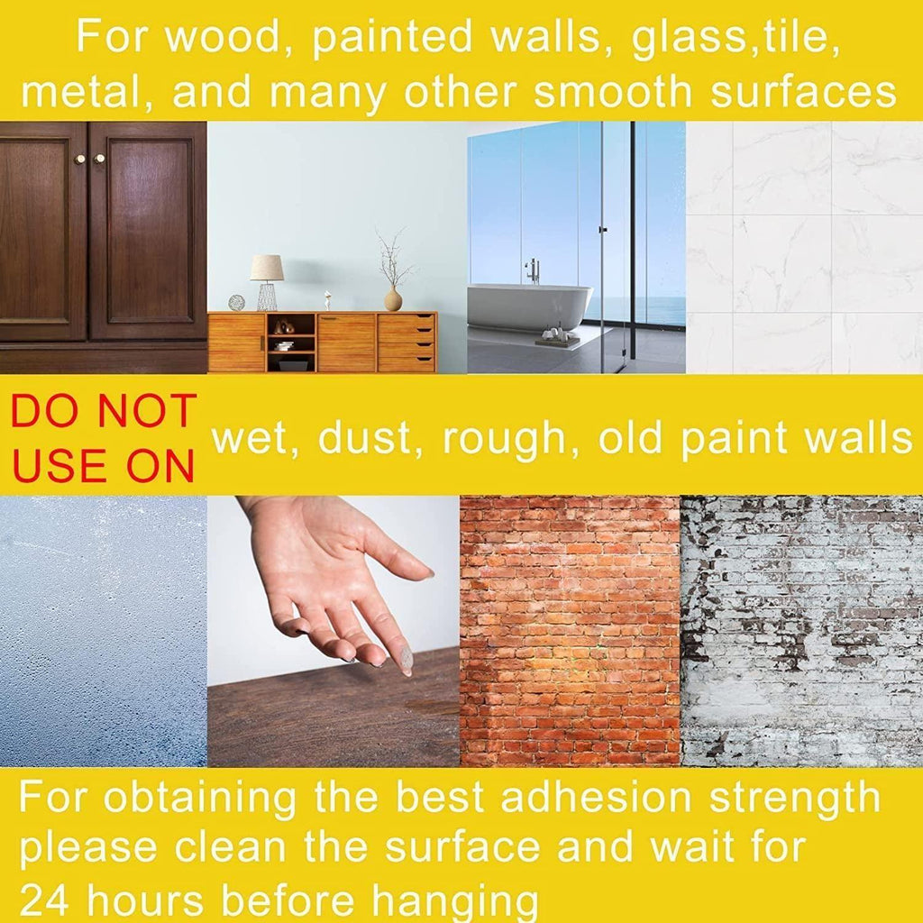 Instructional graphic for Wall Mount Screw Hooks for Kitchen Bathroom Bedroom Living Room (10 Pcs) shows suitable surfaces: wood, painted walls, glass, tile, metal. Not for wet, dusty, rough, or old paint. Clean and wait before use.
