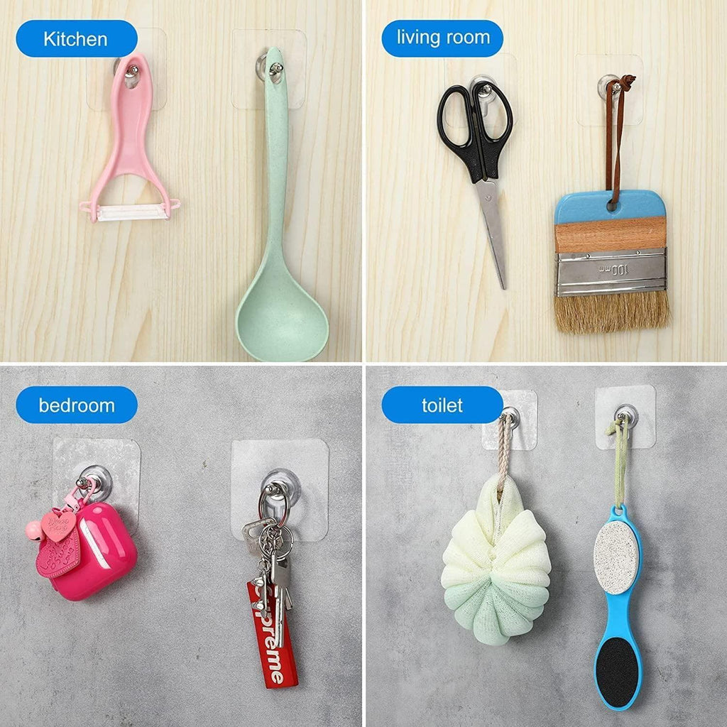 A collage displays Wall Mount Screw Hooks for Kitchen Bathroom Bedroom Living Room (10 Pcs) in use: kitchen (peeler, spoon), living room (scissors, brush), bedroom (keychains), toilet (bath pouf, foot scrubber), each room labeled.