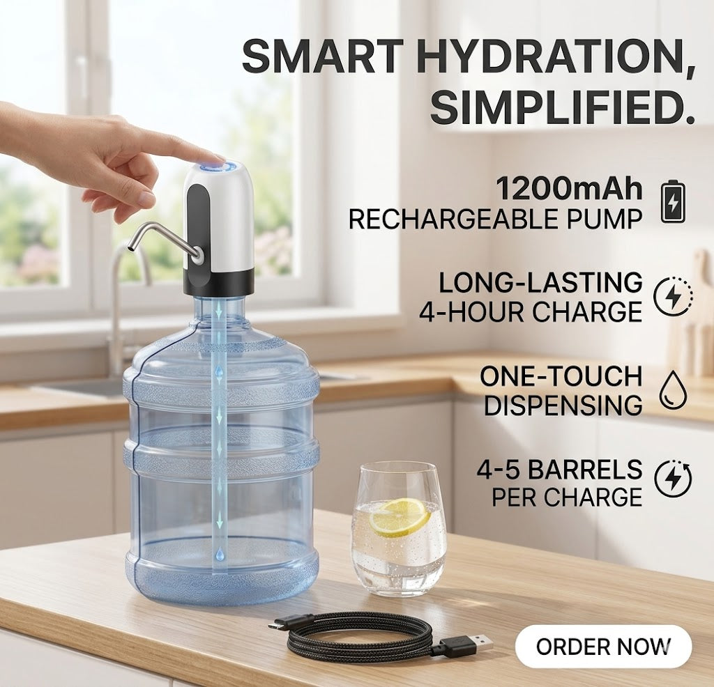 Premium Wireless Automatic Water Dispenser Bottle Pump – 1200mAh USB Rechargeable Portable Drinking Water Dispenser with Food-Grade Silicone Hose & Stainless Steel Outlet for 20 litre Universal Bottles with Low Noise & High Efficiency