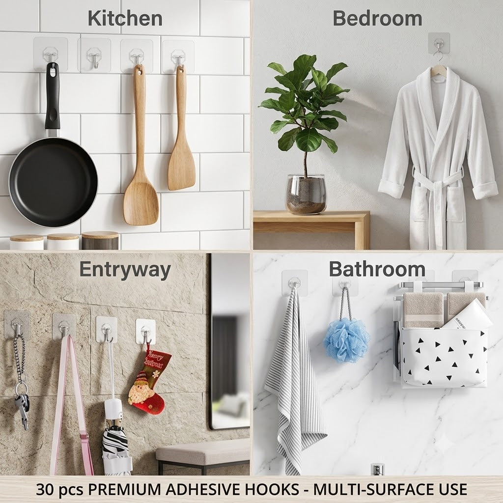 Multi-Purpose Adhesive Wall Hooks (30 Pack) – 304 Stainless Steel & Premium ABS Material for Kitchen, Bathroom, and Home, Without Drilling, Heavy Duty Extra Strong|🔥LIMITED TIME OFFER🔥