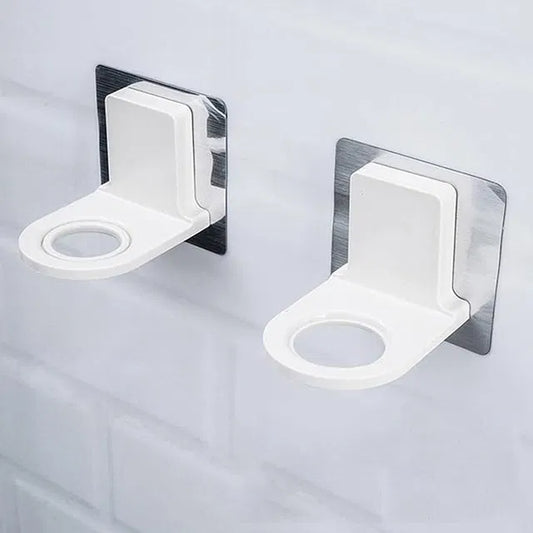 Pack of 2 Self Adhesive Shampoo Dispenser Bottle Racks, designed for bathroom, toilet, or kitchen; white plastic holders with circular openings, ideal for organizing bottles or cups on tiled walls.