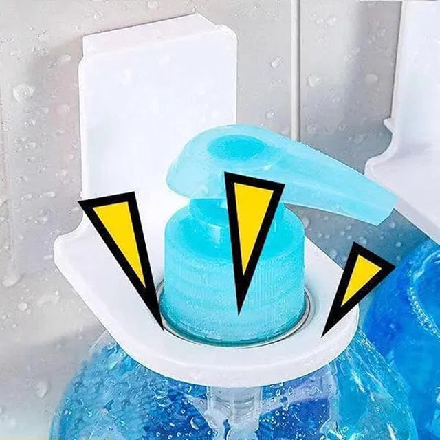 Close-up of a blue pump dispenser in the Self Adhesive Shampoo Dispenser Bottle Rack for Bathroom Toilet Kitchen Pack of 2, with yellow exclamation marks drawn around the pump and visible water droplets highlighting this organizer.