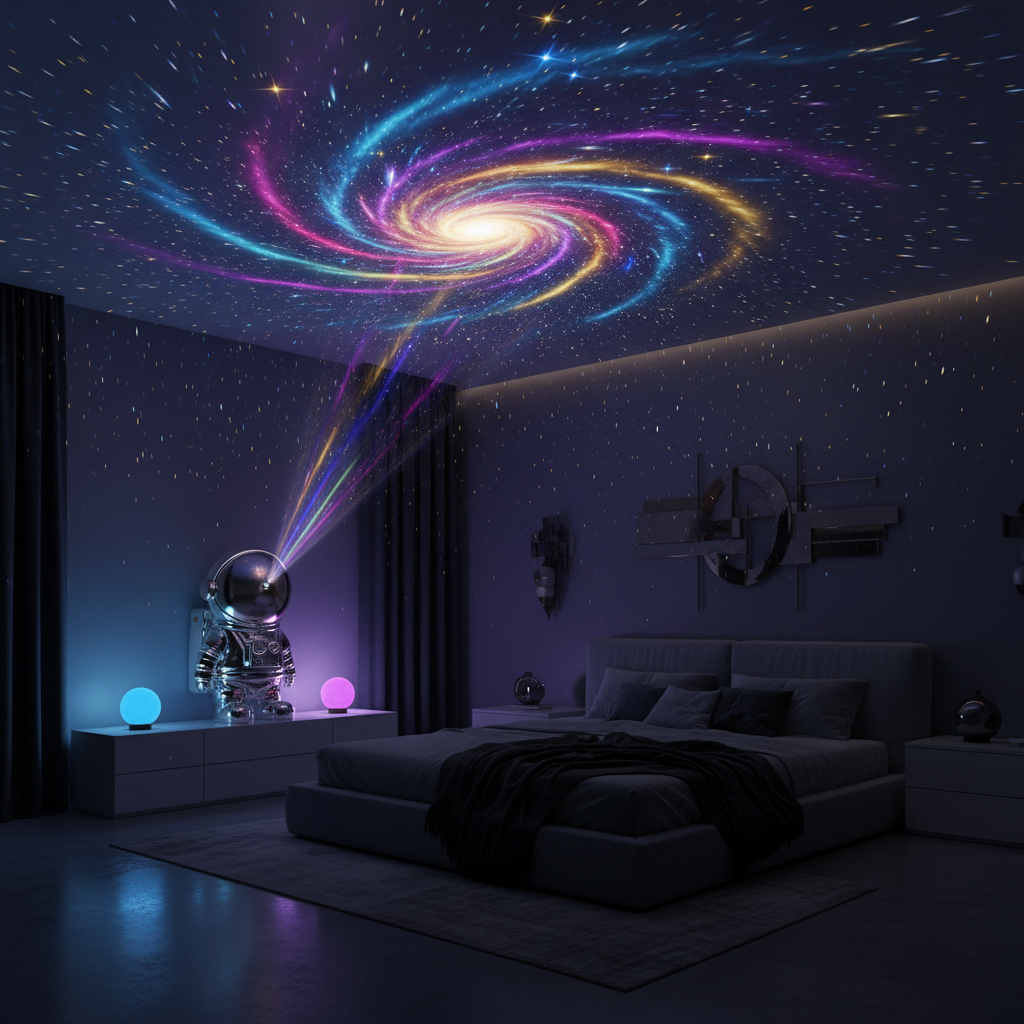 Astronaut galaxy star projector casting colorful stars across a dark bedroom ceiling